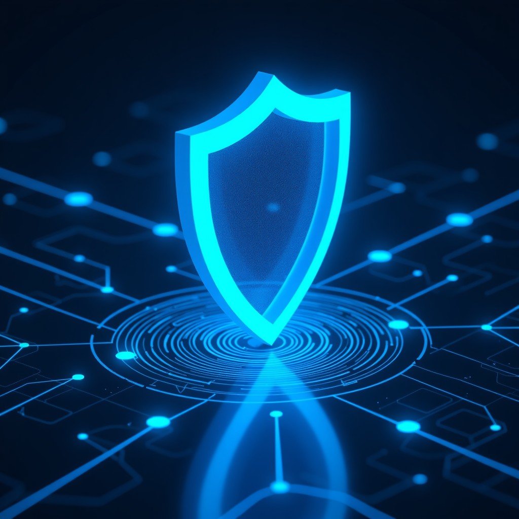 AI-powered cybersecurity shield over a global digital network, futuristic blue and cyan lighting, sleek technology aesthetic, high contrast, 4:3