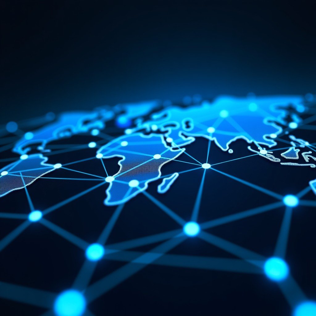 A complex network of glowing blue and white connecting lines on a dark background representing global tech infrastructure, 4:3 aspect ratio.