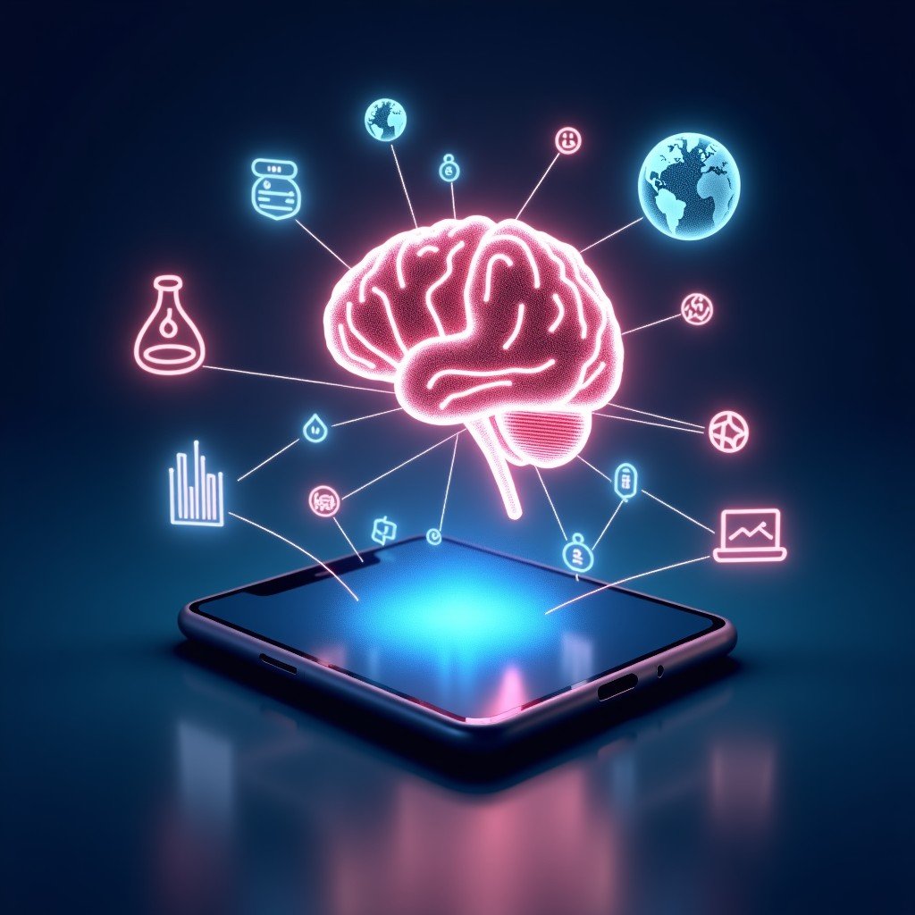 A glowing digital brain connected by light lines to various global icons and a smartphone representing international AI network cooperation 4:3