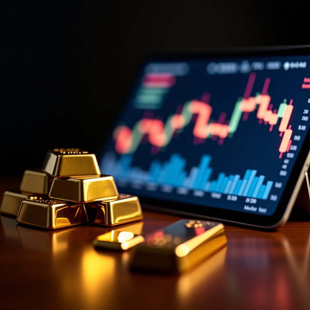 Close-up of shiny gold bars placed next to a high-tech tablet displaying fluctuating financial candlestick charts. Sophisticated atmosphere with warm studio lighting and dark background. 4:3