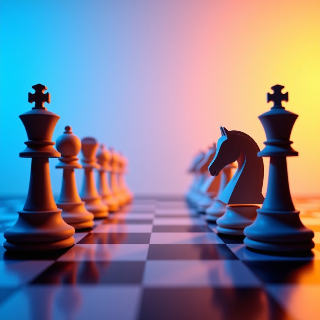 Abstract representation of a chess game between traditional defense structures and modern AI technology, vibrant colors, clean studio setup, 4:3 aspect ratio.