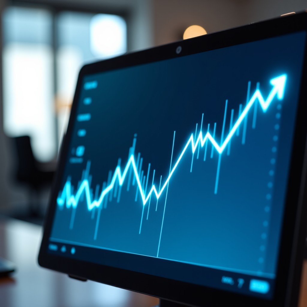 A professional financial terminal display showing a steady upward trend line for a technology stock, modern office background, high resolution, 4:3