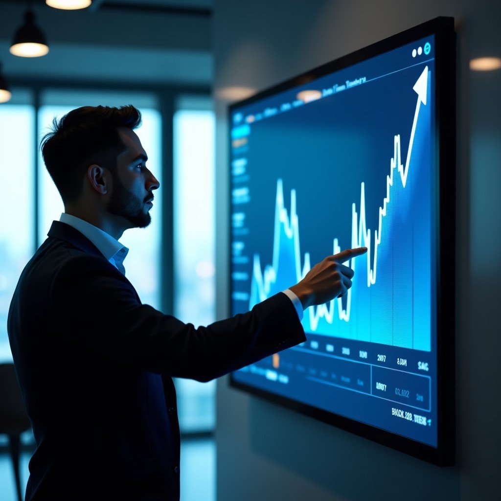 A professional person observing data trends on a digital display in a high-end office environment, clean lines, professional atmosphere, 4:3 aspect ratio.
