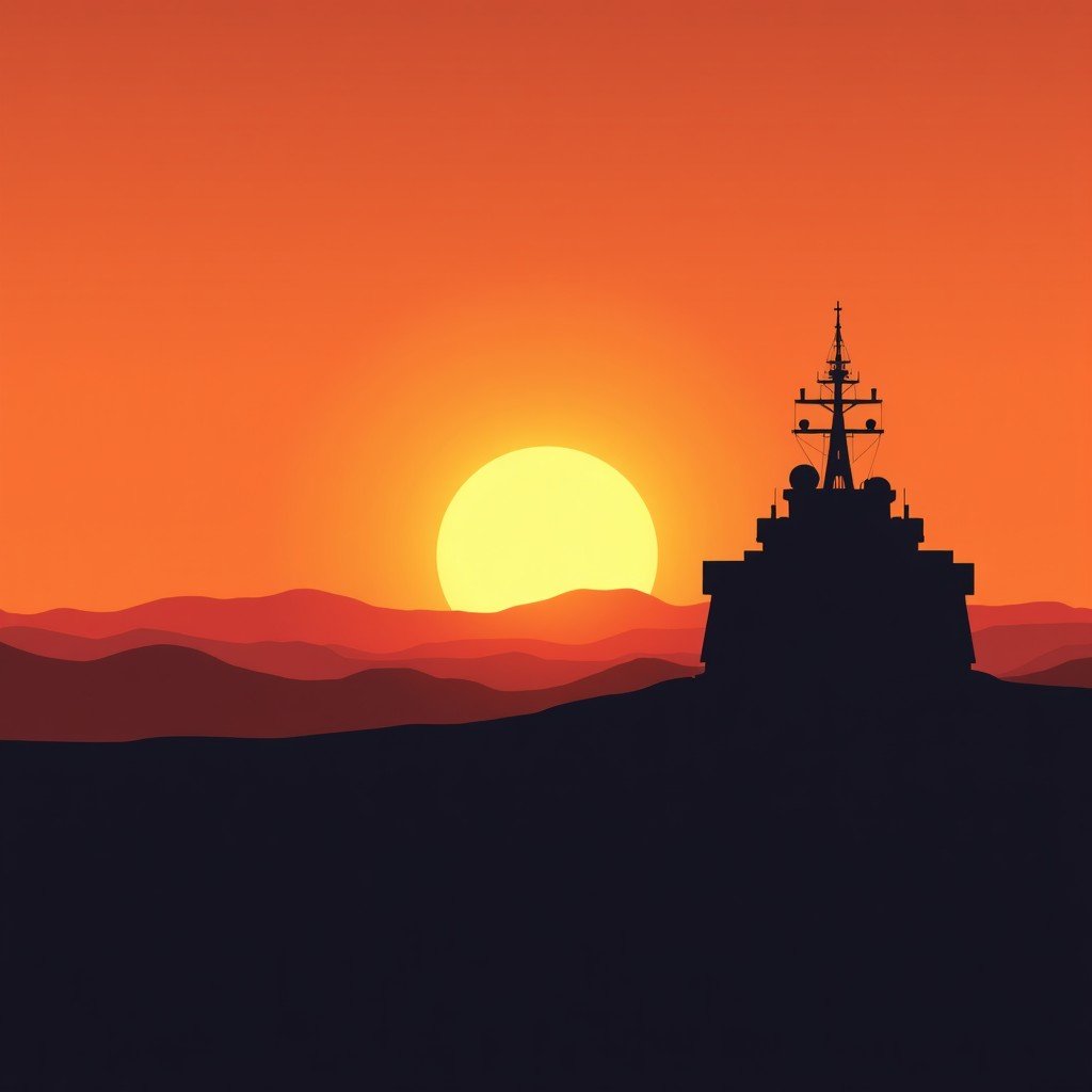 Sunset over a modern military base silhouette, high contrast, clean minimalist style, artistic rendering, 4:3 aspect ratio.