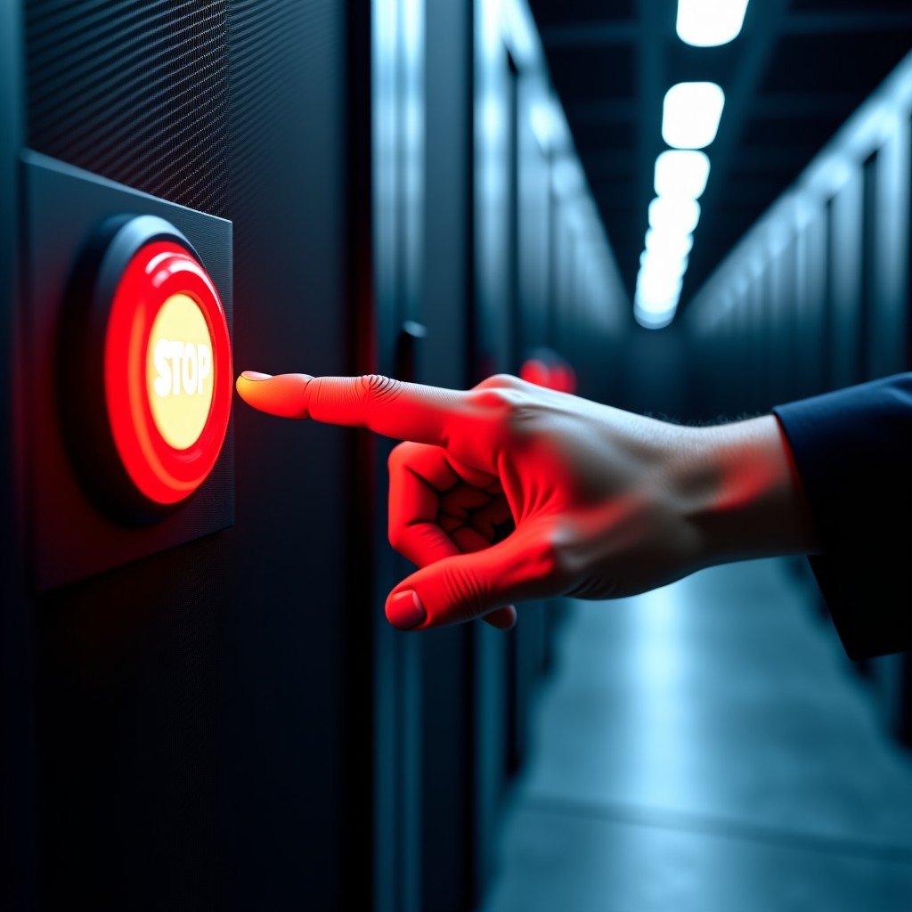 A close up of a hand reaching for a physical red emergency stop button in a high-tech server room, dramatic lighting, professional and serious tone. 4:3