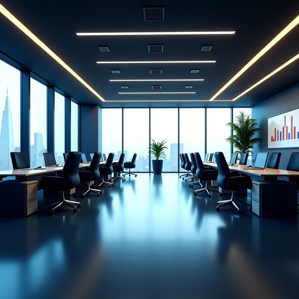 A modern high-tech corporate office interior with a serious and professional atmosphere, cinematic lighting, realistic style, 4:3 ratio.