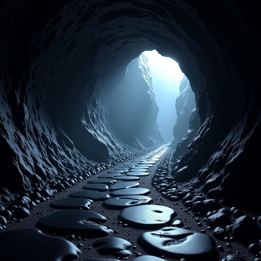 Inside a dark volcanic lava tube with ambient lighting showing the textured walls and a path for visitors, 4:3