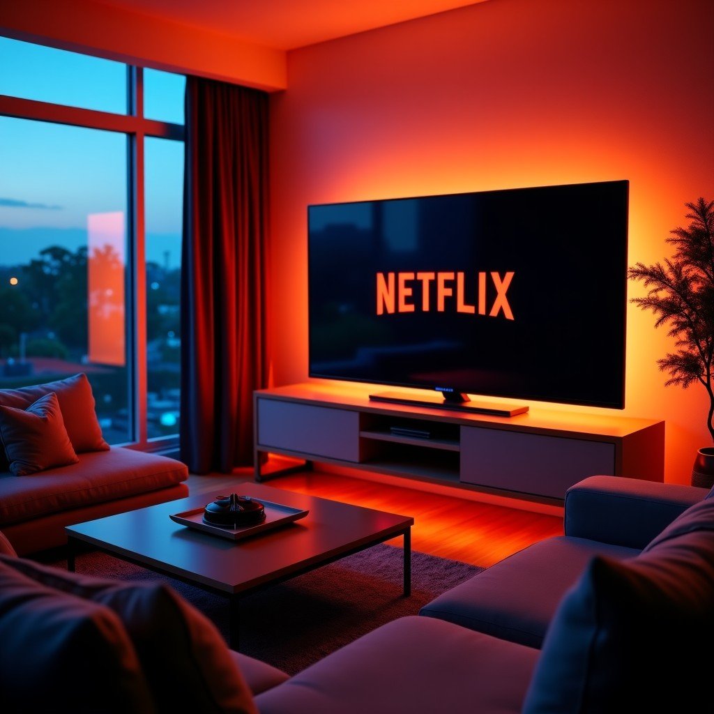 A sleek and modern living room at night with a large high-end television displaying the Netflix logo. The room has warm ambient lighting and a premium atmosphere. Professional photography style with natural depth of field. 4:3