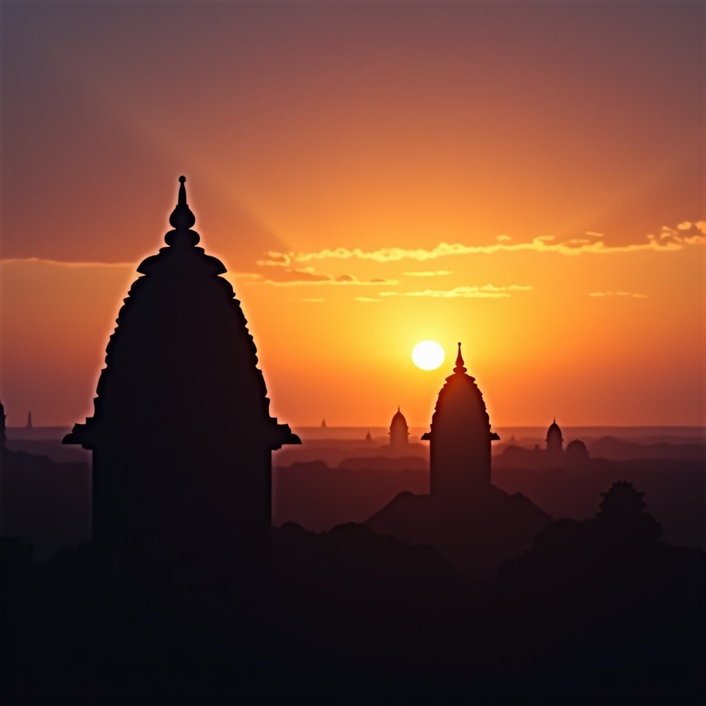A serene sunset view of the Pattadakal monument complex, silhouettes of ancient temples against an orange and purple sky, wide angle, cinematic lighting, 4:3
