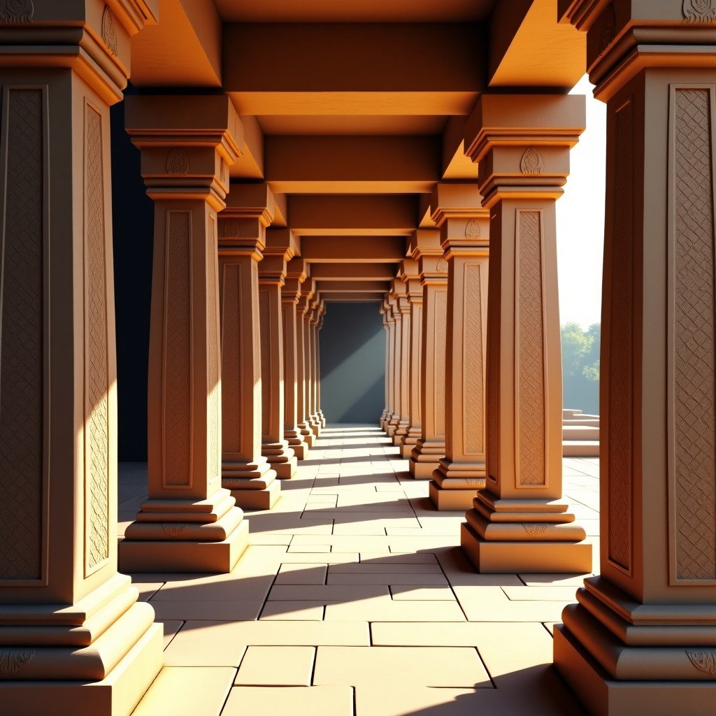 Perspective view of the decorated stone pillars and corridors of the Airavatesvara Temple in Darasuram. Intricate patterns and small sculptures on each column. Soft natural light, 1:1.