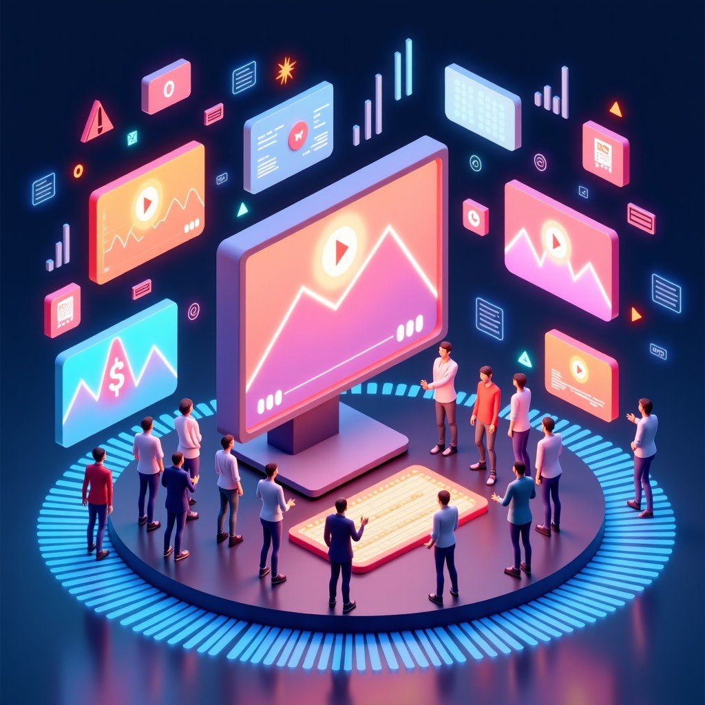 A creative collage showing video frames, sound waves, and 3D digital characters representing multimodal AI capabilities, vibrant colors, artistic rendering, 4:3