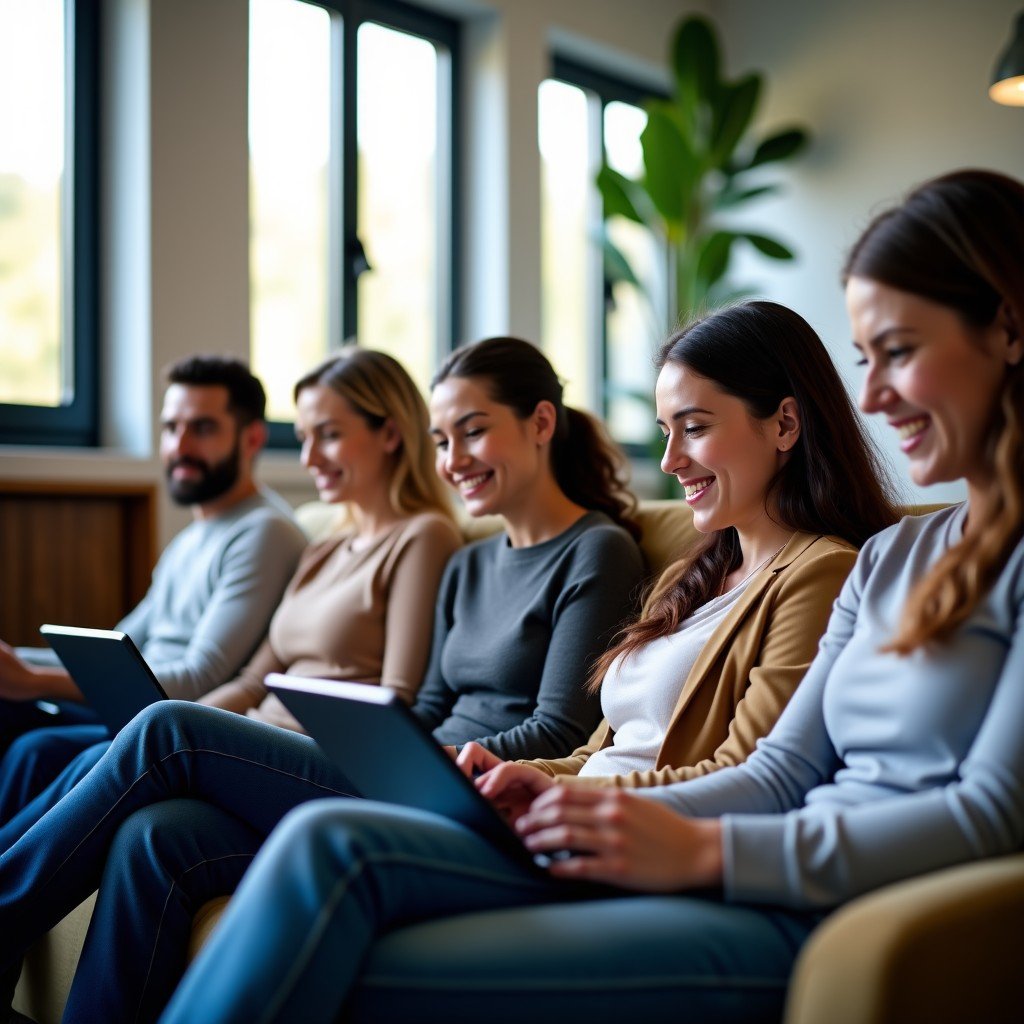 A diverse group of people of various ages sitting comfortably in a bright and airy common room, watching high-quality streaming content on a large tablet and laptops. Natural sunlight filtering through windows. High resolution lifestyle photography. 4:3