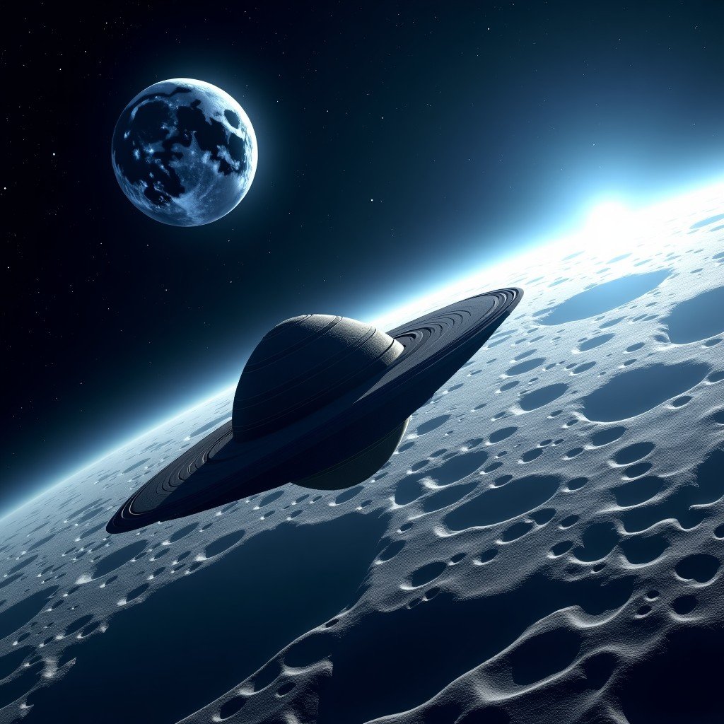 A detailed rendering of the Orion spacecraft orbiting the moon, with the lunar surface cratered and grey below, and a brilliant blue Earth rising over the moon horizon, deep space background with stars, 4:3