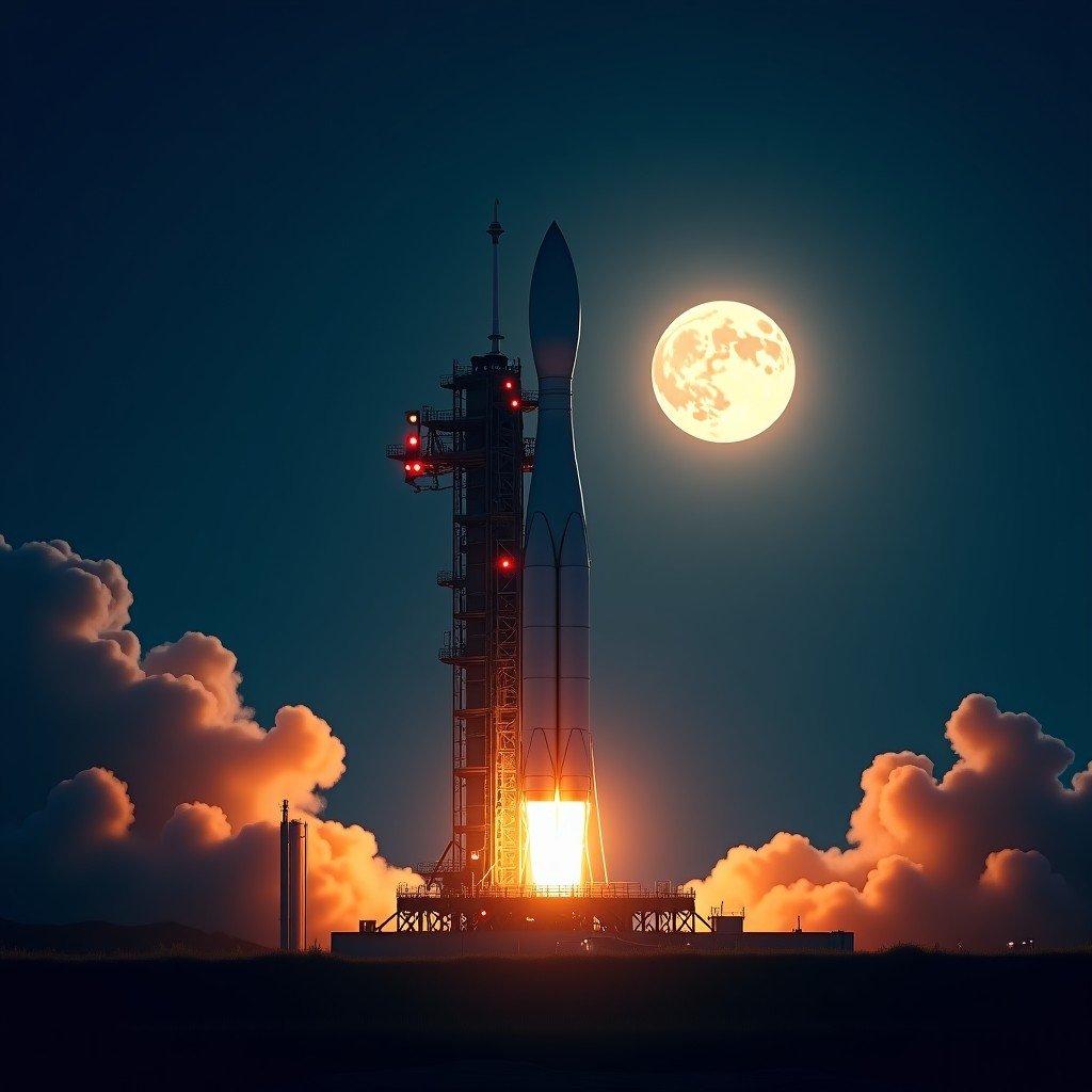 A cinematic low-angle shot of a massive NASA SLS rocket on a launch pad at night, illuminated by powerful floodlights with a glowing full moon in the dark sky behind it, futuristic and awe-inspiring atmosphere, 4:3