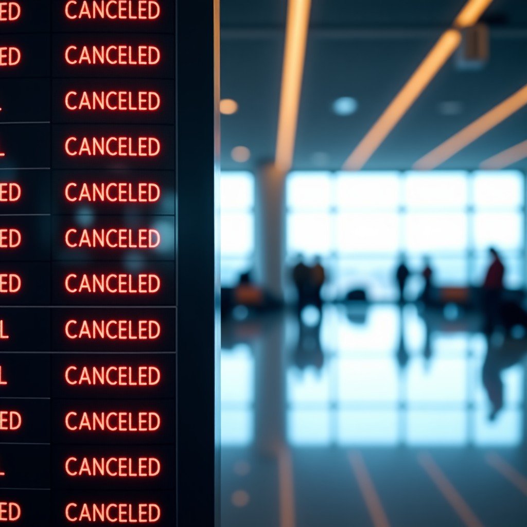 A modern airport departure board showing many flights with Canceled status in red text. A blurred background of an empty airport terminal with soft natural light. High resolution lifestyle photography. 4:3