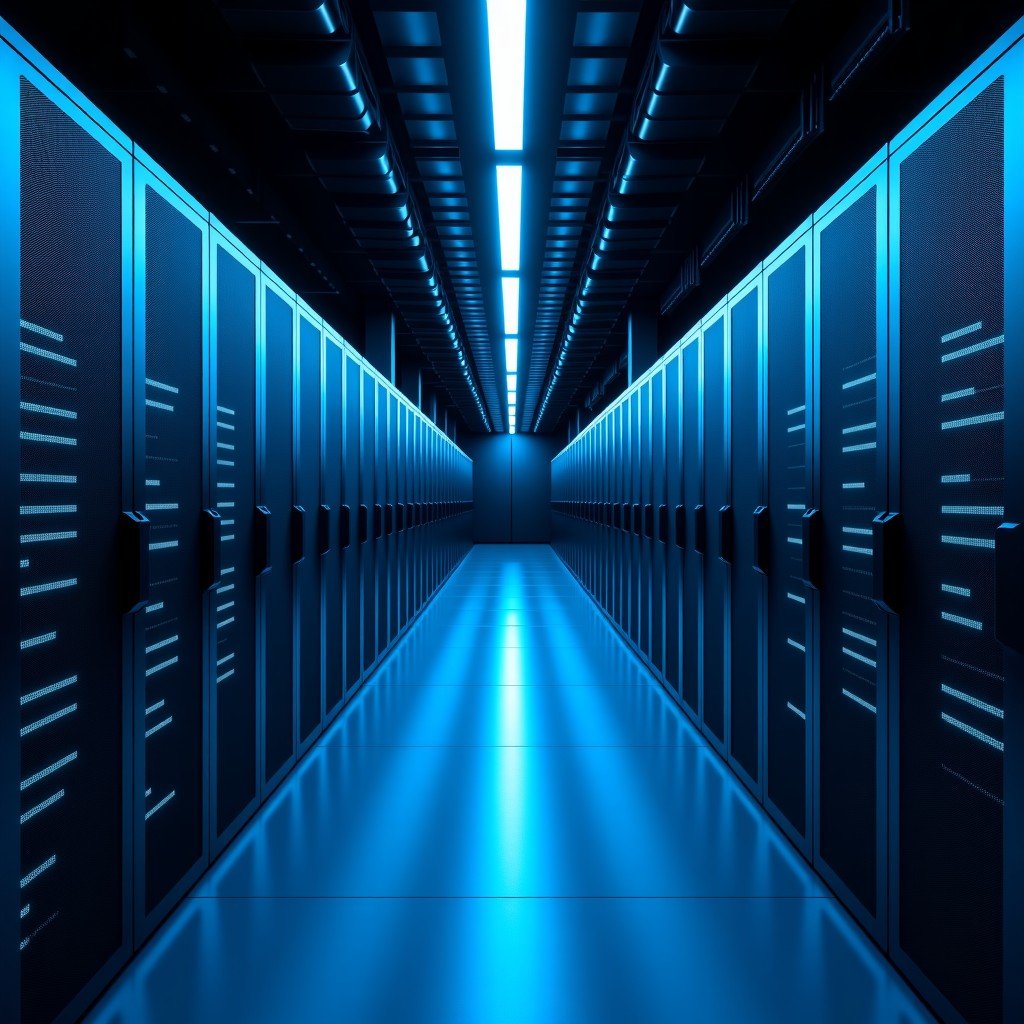 Interior of a vast modern data center with rows of server racks glowing with blue LED lights. Symmetrical composition showing technological scale and infrastructure. High contrast realistic photography 4:3