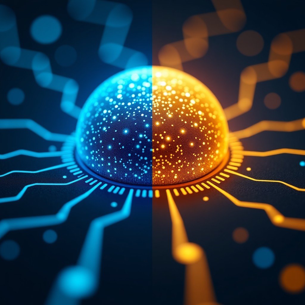 Two contrasting digital abstract elements representing data security protocols and open analytical structures, sharp focus, metallic textures, blue and gold color scheme, 1:1