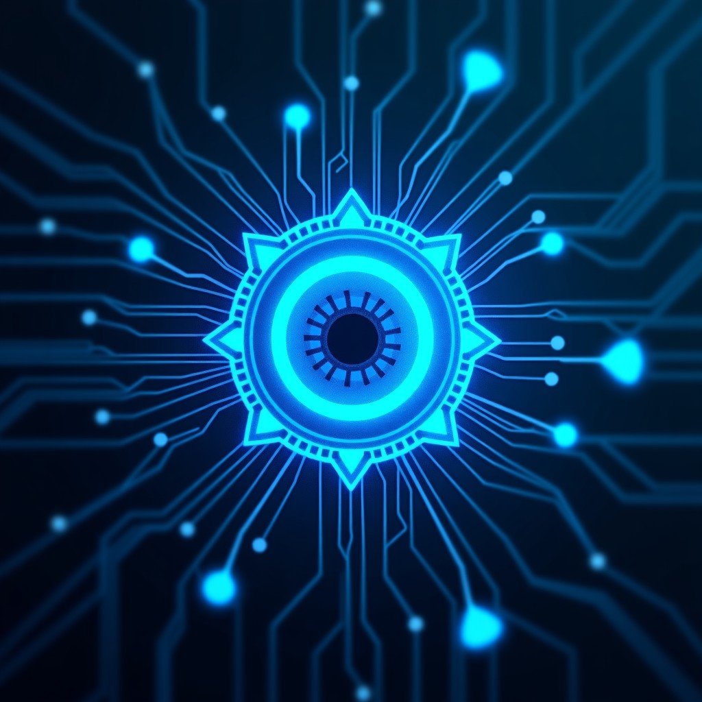 A glowing blue digital eye concept, surrounded by interlocking data protection shields and complex circuit lines, futuristic cyber security aesthetic, 4:3