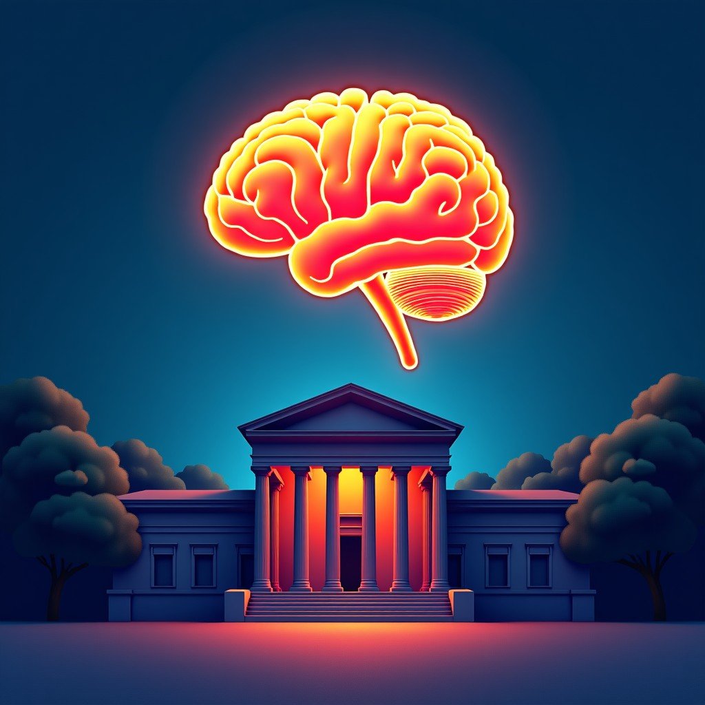 An artistic conceptual illustration of a glowing digital brain interconnected with a classical government building facade. Vibrant colors, textured background, symbolic representation of technology and policy, 1:1.
