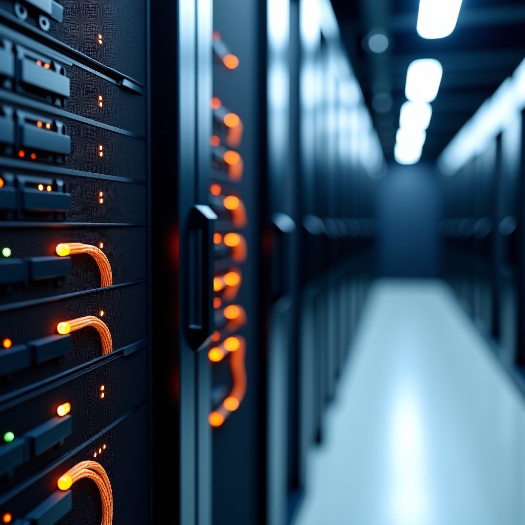 Close up shot of high-speed copper connectivity cables and server racks in a modern data center, blurred background, professional photography, clean composition, 4:3.
