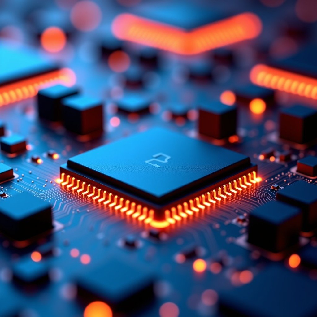 Close up of high-end semiconductor chips on a motherboard, abstract technology background, glowing circuitry, professional photography, 1:1.