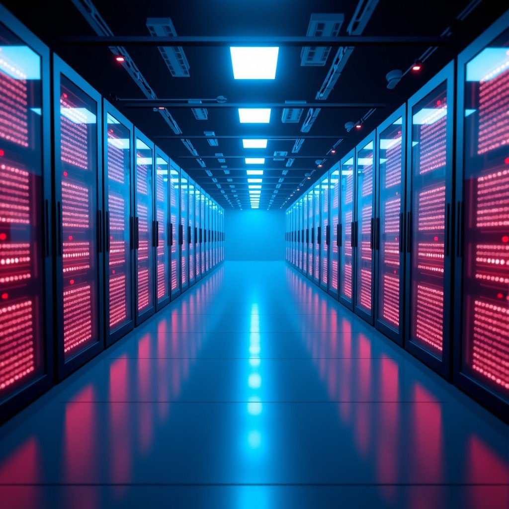 Futuristic data center grid with power connectivity, neon lights, professional and analytical tone, 4:3