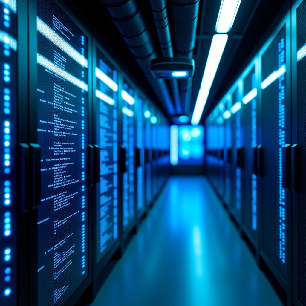 A modern, high-tech server room with glowing blue light fibers and digital data streams flowing across the frame, cinematic lighting, 4k, realistic style, aspect ratio 4:3.