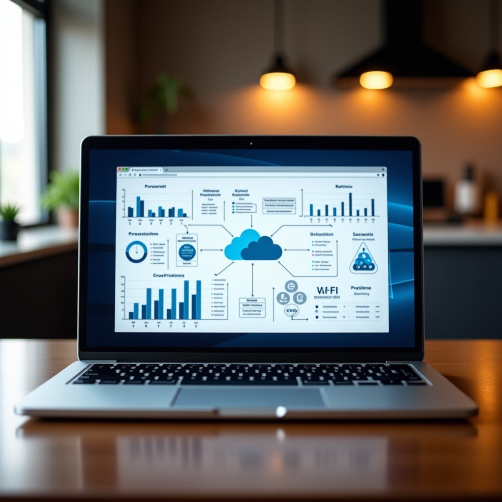 A sleek laptop on a wooden desk showing complex data visualization and cloud architecture diagrams, warm indoor lighting, professional and clean composition, 4:3