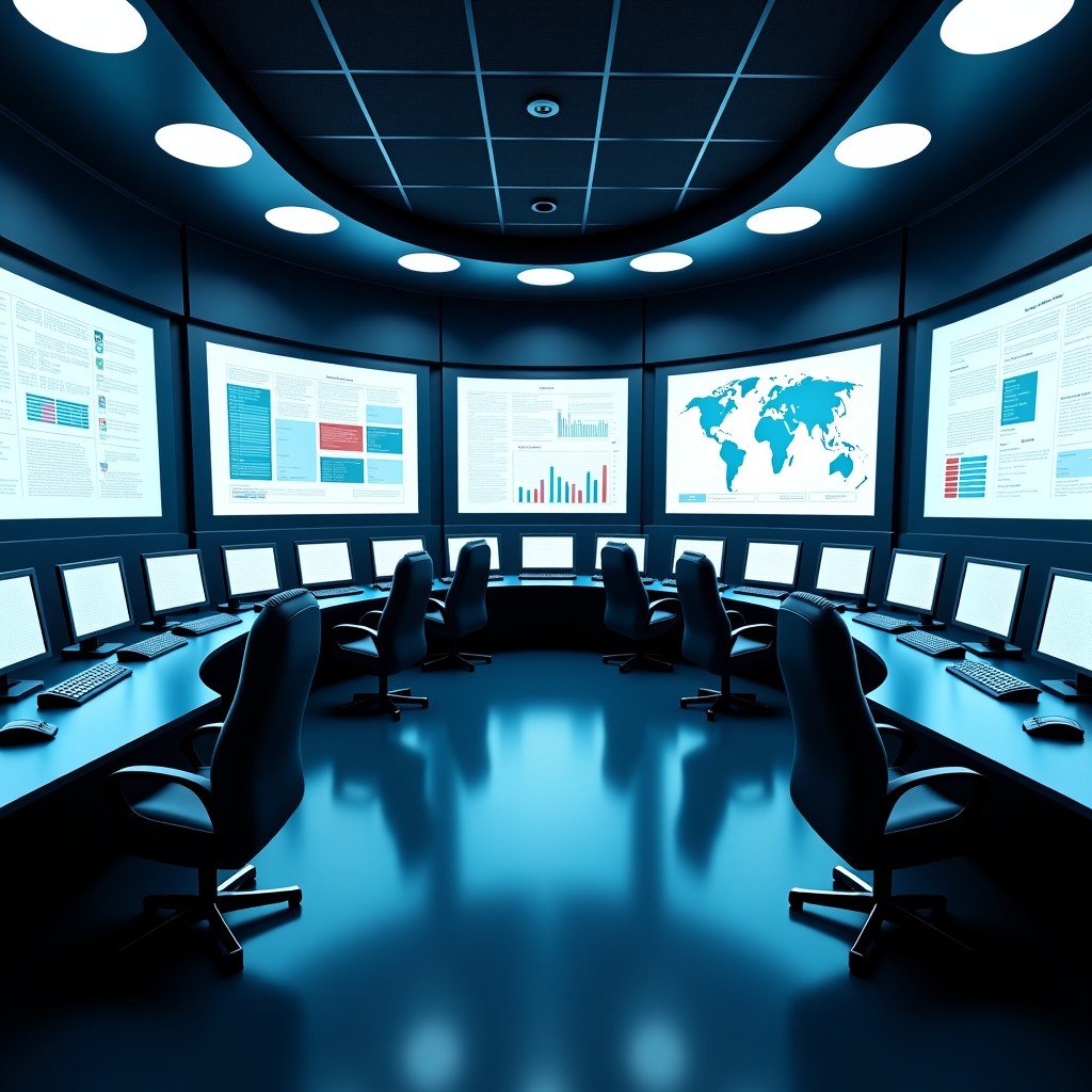 A futuristic control room with multiple screens displaying data flow and strategic planning, wide-angle lens, clean and high-tech environment, 4:3.
