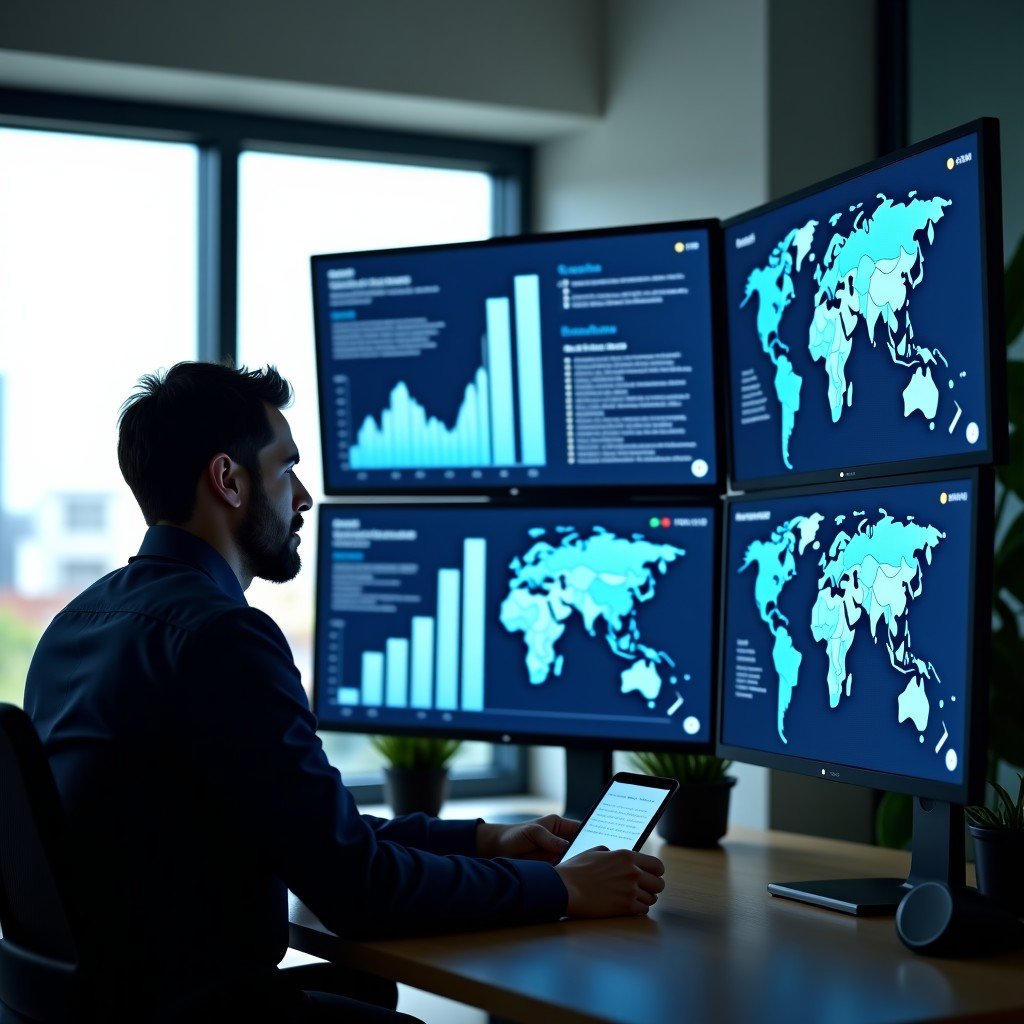 A professional financial analyst in a modern office looking at digital data visualizations of cybersecurity trends on multiple screens, natural lighting, 4:3