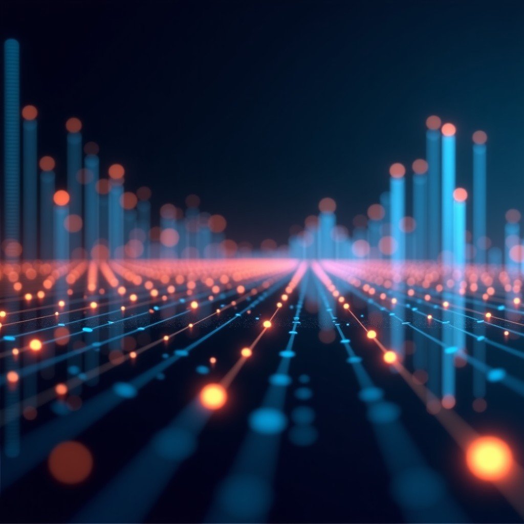 Digital visualization of data flow in a corporate environment, modern dark background with glowing lines, minimalist and professional look, 4:3 ratio.