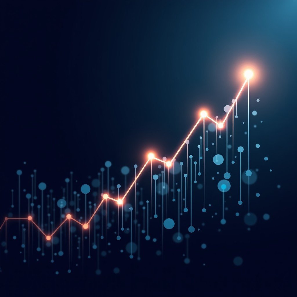 A professional and sophisticated visual of upward trending digital lines and glowing nodes representing financial growth and data scale. High contrast with a dark navy background. Clean and modern infographic aesthetic without text or numbers. 4:3