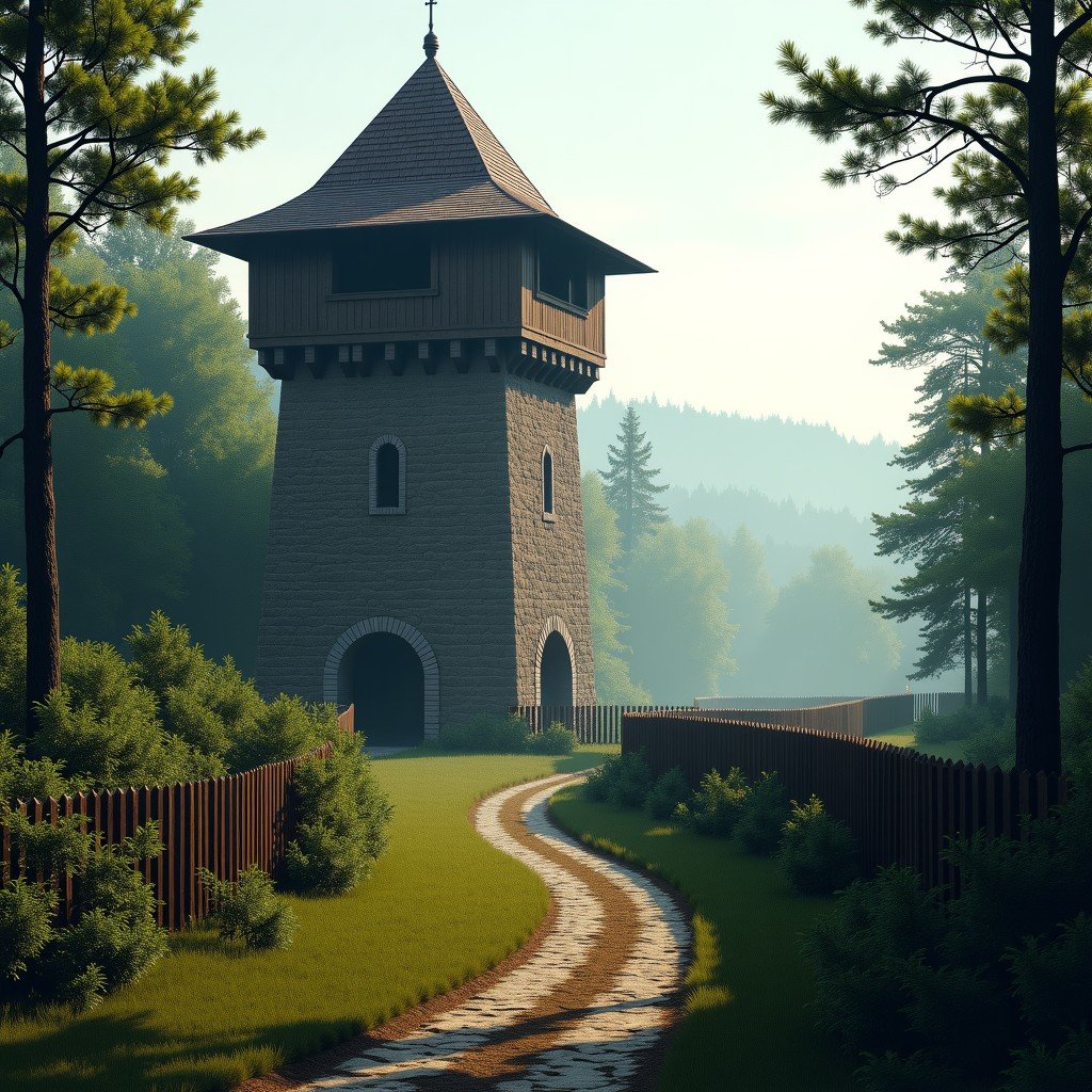 A reconstruction of an ancient Roman watchtower made of wood and stone standing in a lush German forest, a long wooden palisade stretching into the distance, misty morning atmosphere, realistic historical illustration style, high detail, 4:3