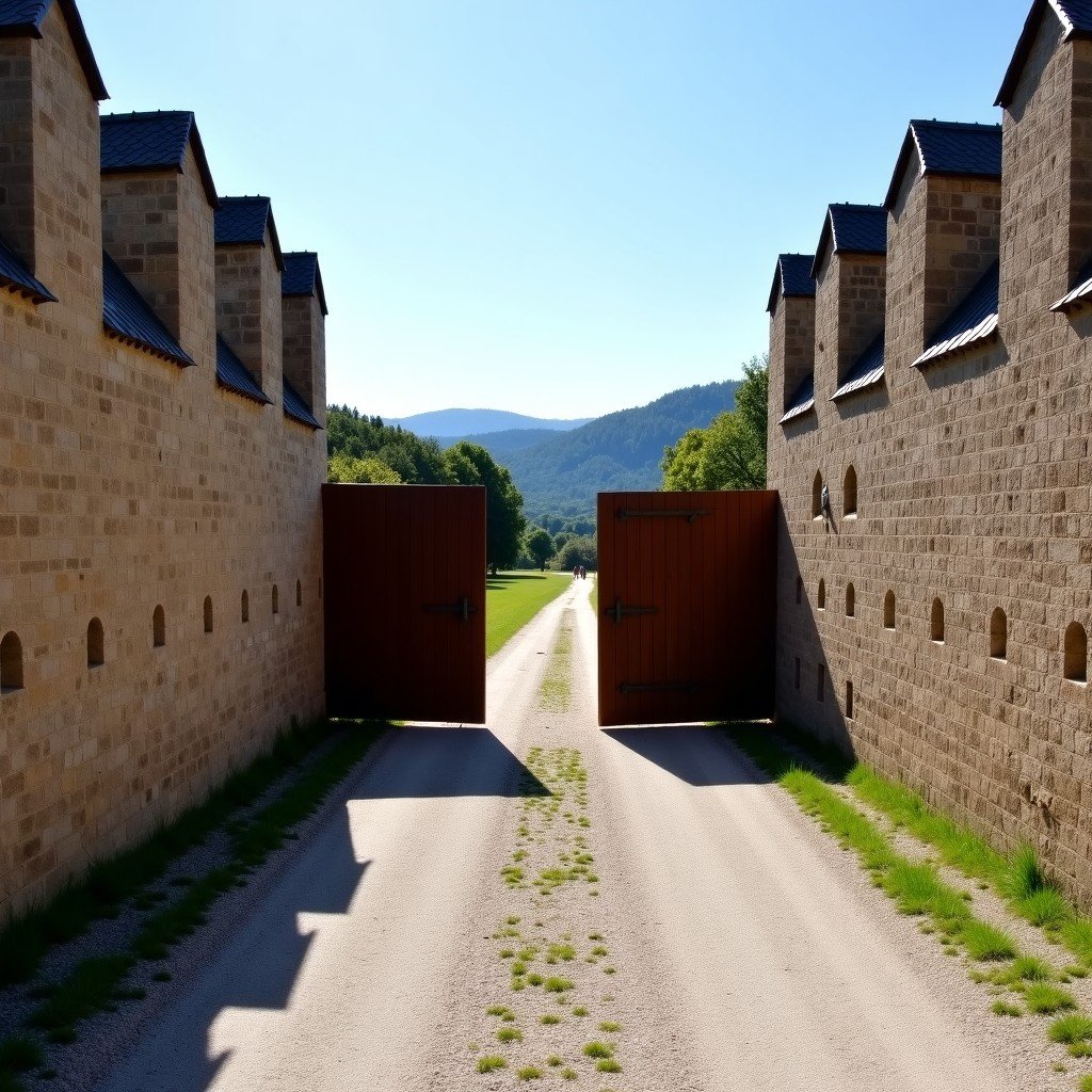 Wide shot of the Saalburg Roman Fort in Germany, reconstructed stone walls and heavy wooden gates, gravel courtyard, bright daylight, realistic photography, architectural focus, 4:3