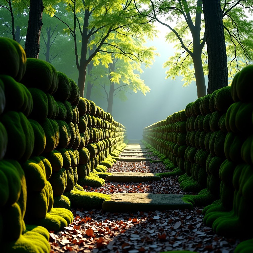 Low angle shot of ancient moss-covered stone wall foundations running through a green forest, sunbeams filtering through trees, peaceful and historical atmosphere, realistic landscape photography, 4:3
