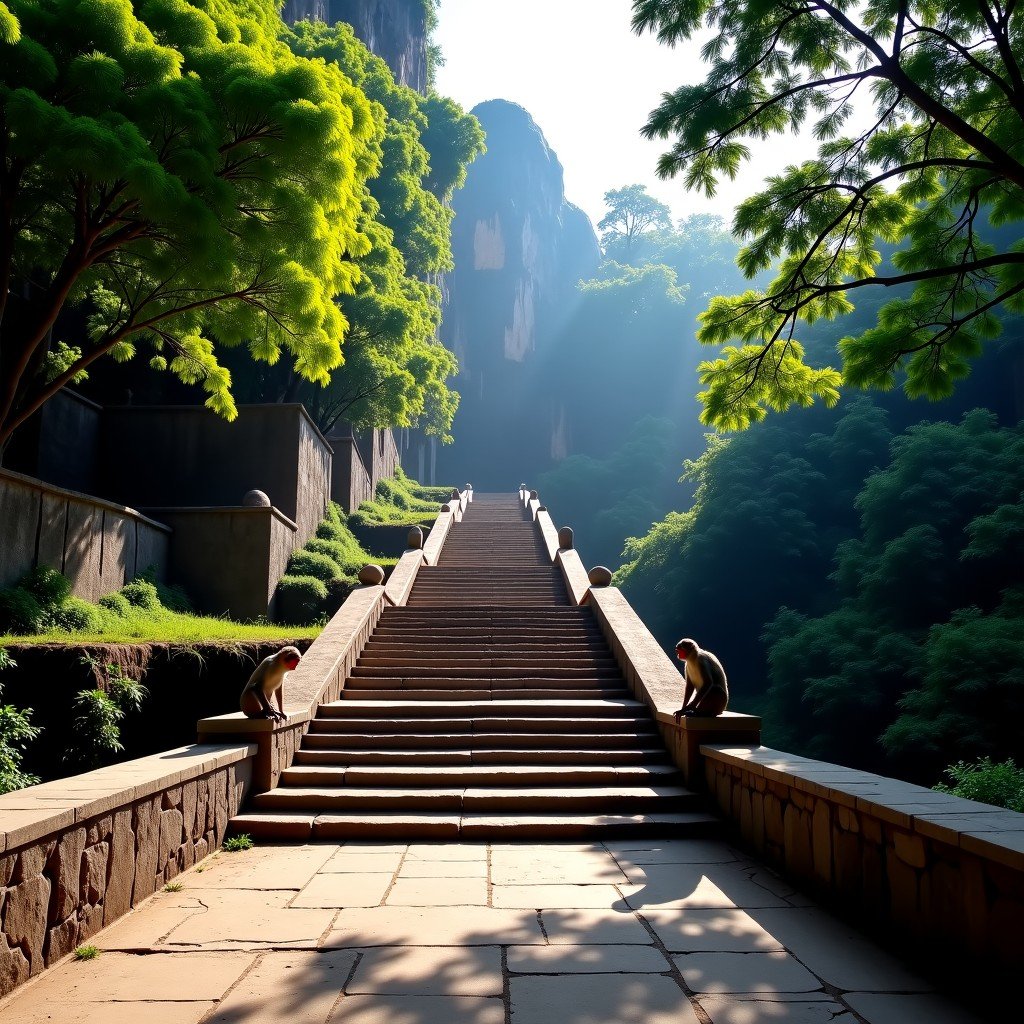 A wide shot of the stone steps leading to the ancient Elephanta Caves with lush green trees and a few monkeys sitting on the stone railings, peaceful historical site, high contrast, 4:3