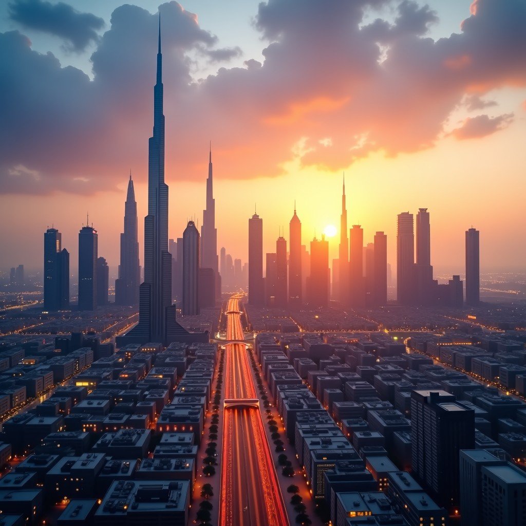 A panoramic view of Dubai skyline with modern skyscrapers, sunset lighting, high definition, 4:3