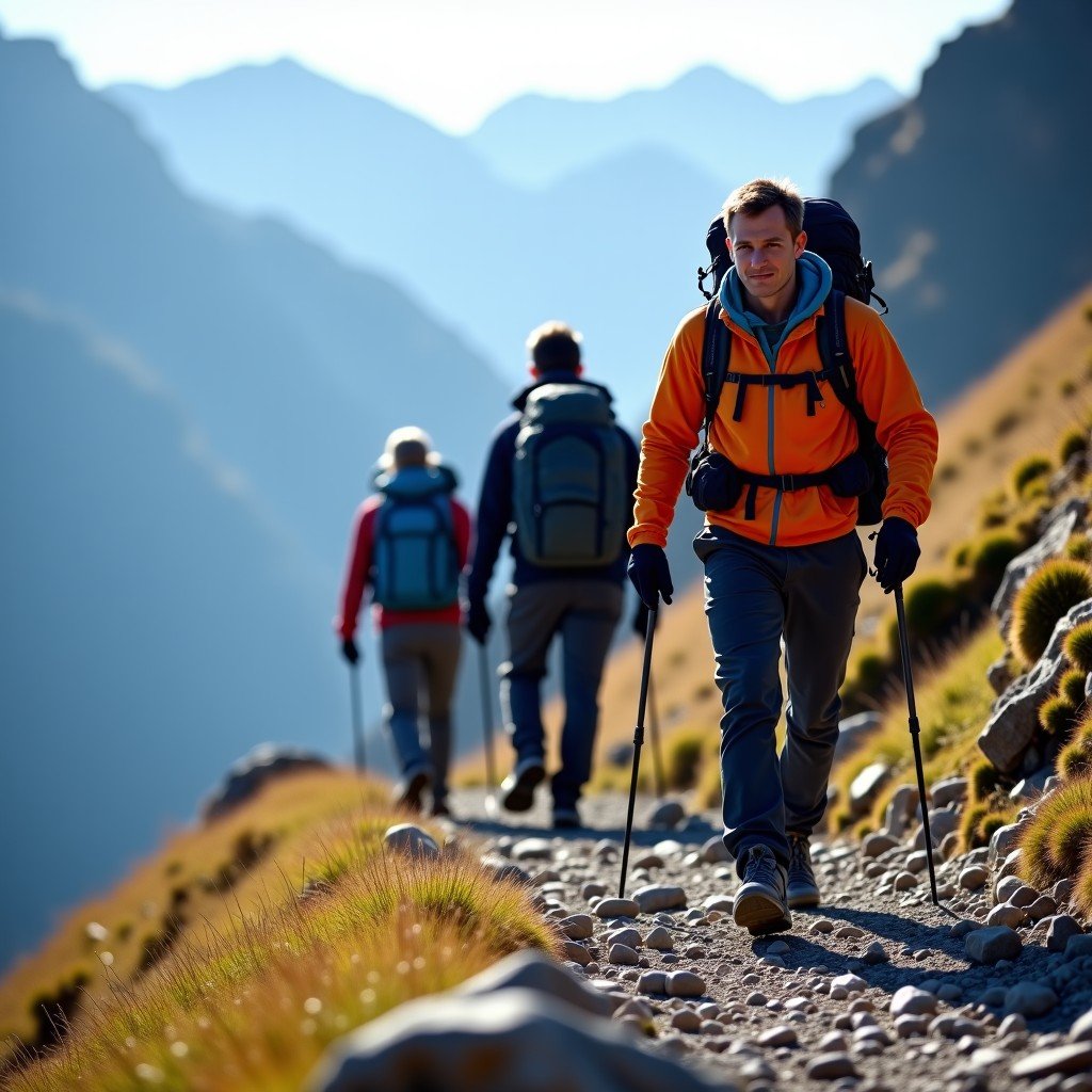 A group of hikers trekking on a mountain trail with rocky terrain, wearing professional outdoor gear, focused expression, mountain in the background, 4:3 aspect ratio