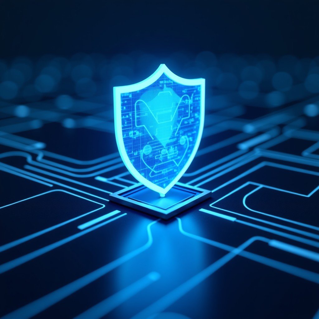 A conceptual image of a digital shield protecting server nodes, representing cybersecurity and risk mitigation, abstract tech background, high quality, aspect ratio 4:3.