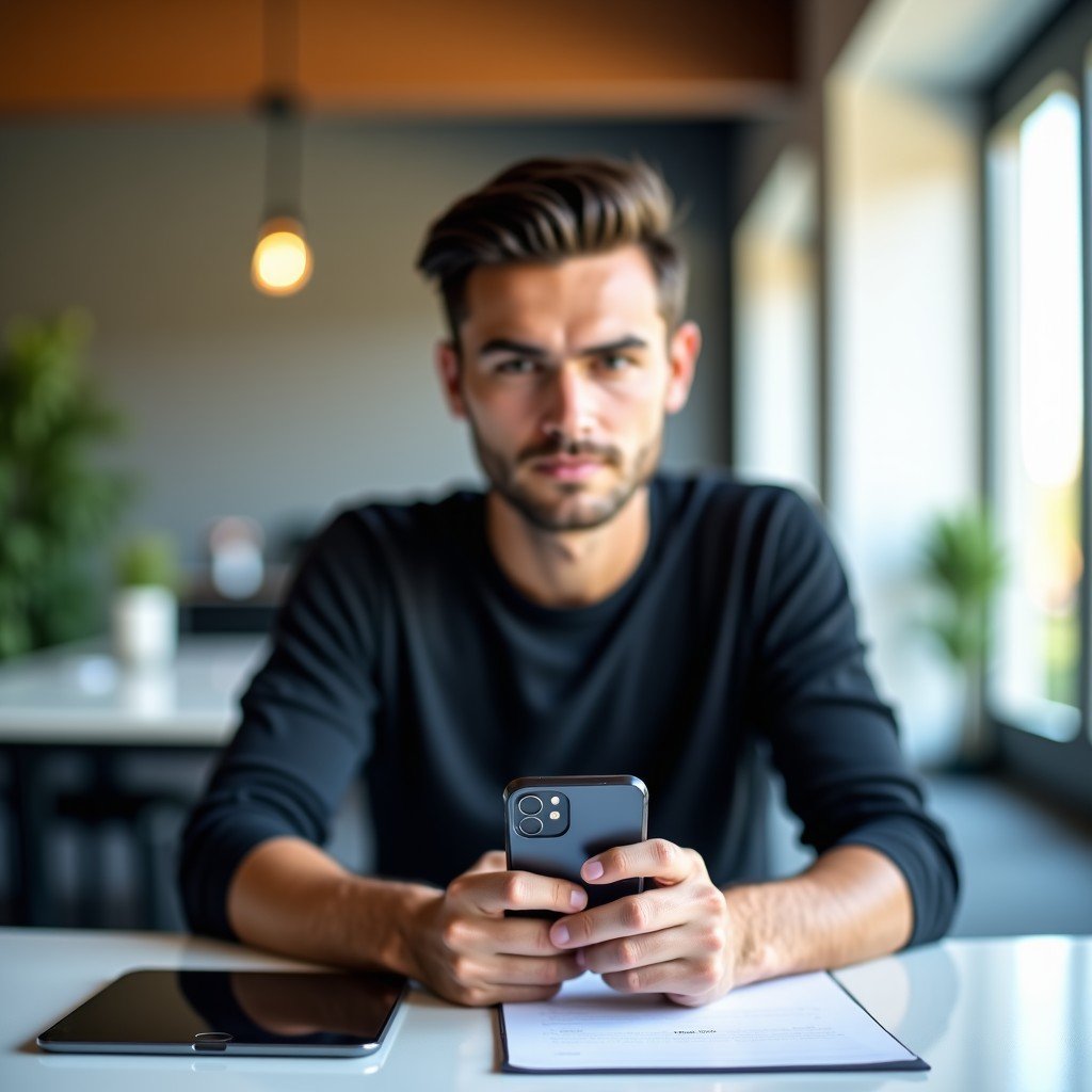 A person sitting at a desk with a smartphone and a tablet, clean minimalist office, bright ambient lighting, lifestyle photography, 4:3 aspect ratio.