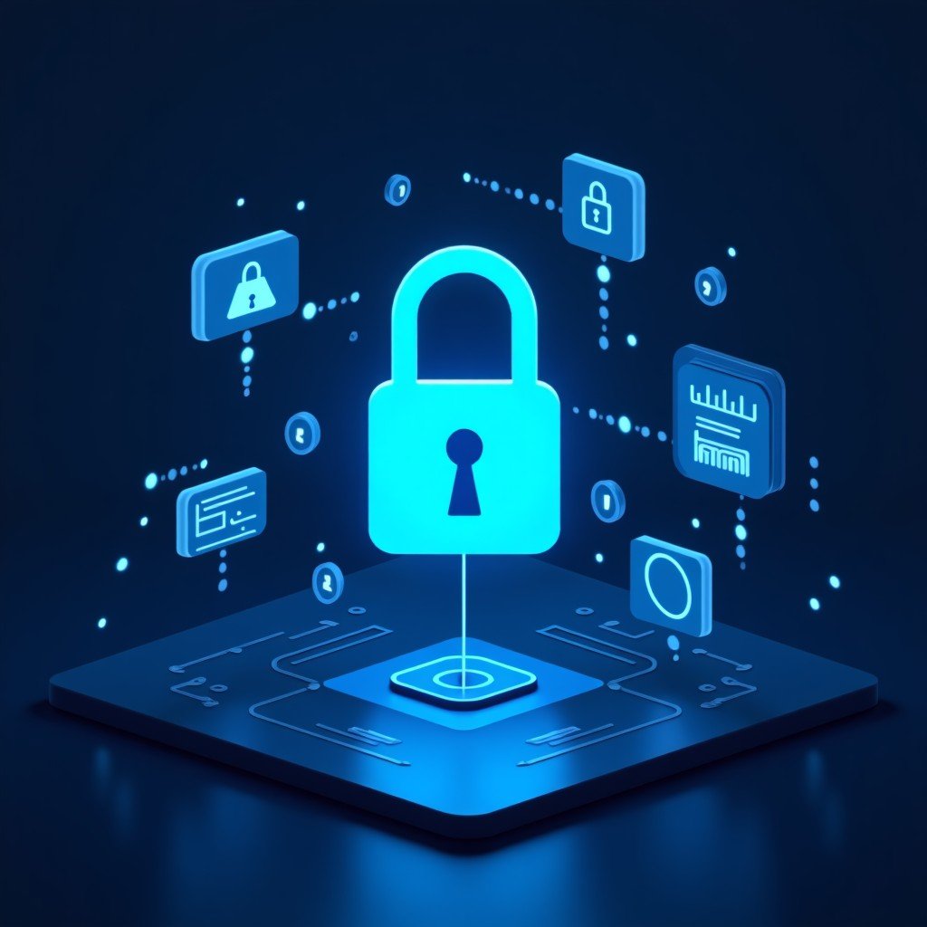 A clean modern representation of digital safety locks and interface panels, abstract technology style, cool blue tones, 4:3