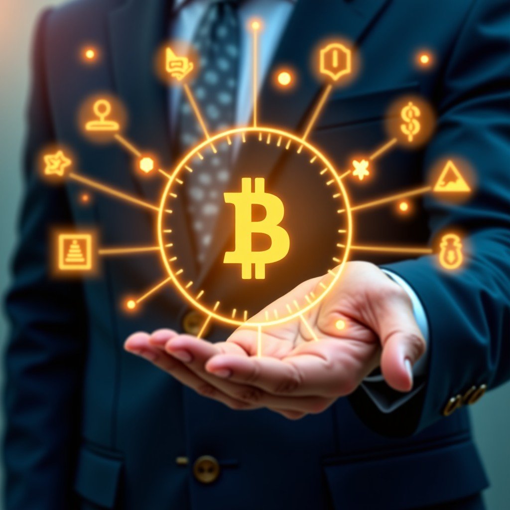 A person's hand interacting with a glowing holographic interface showing various asset icons like stocks, gold, and digital currencies, futuristic and sophisticated atmosphere, 4:3