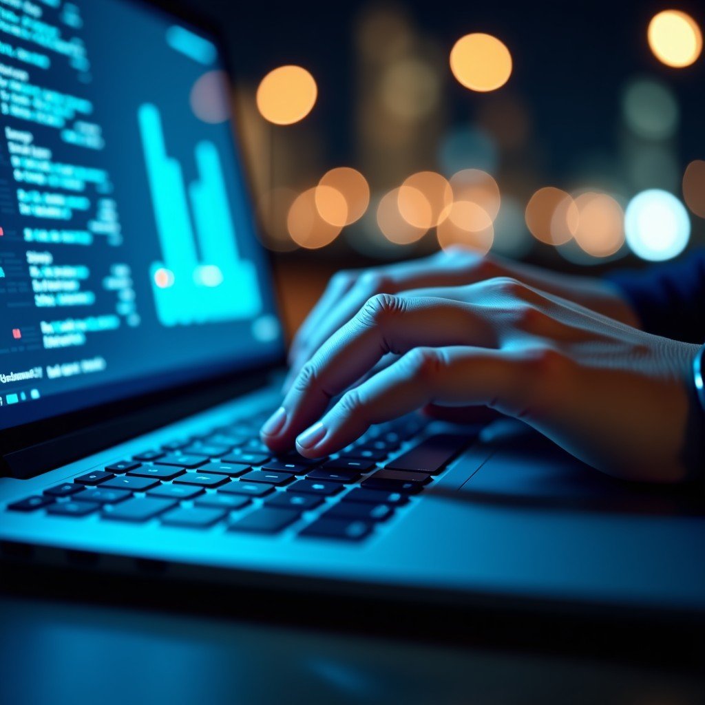Close up of hands typing on a modern laptop with holographic security interface overlays and data streams. High contrast, cinematic lighting, 4:3.