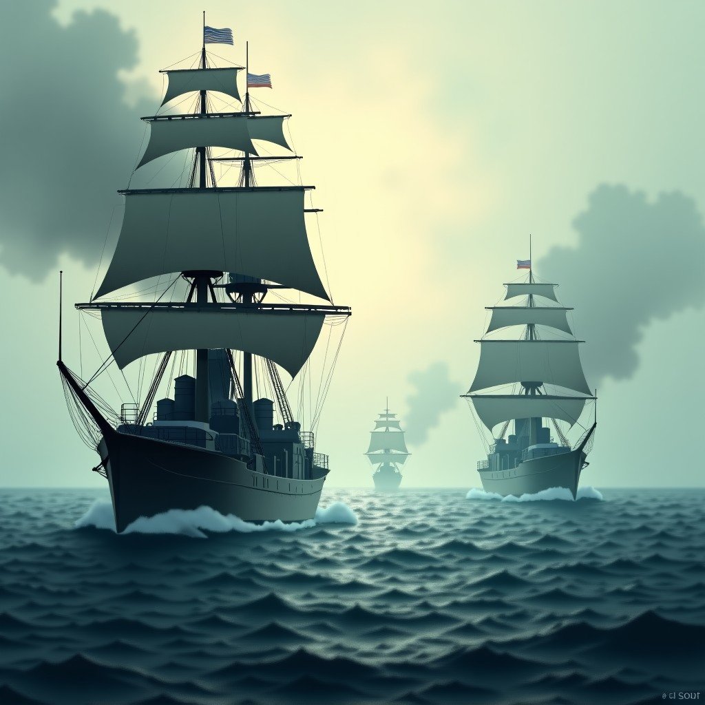 A dramatic historical scene of 19th-century British and Russian warships facing each other in the foggy East Asian sea, intense atmosphere, realistic painting style, muted colors, textured background, 4:3