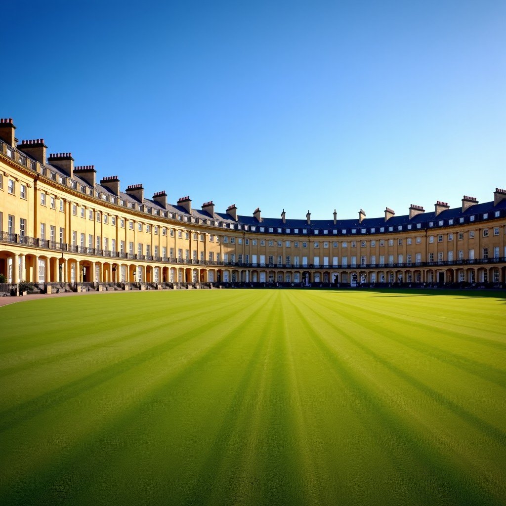 The Royal Crescent in Bath, a majestic curved row of Georgian terraced houses made of golden Bath stone, a vast green park in the foreground, clear blue sky, elegant historical architecture, 4:3