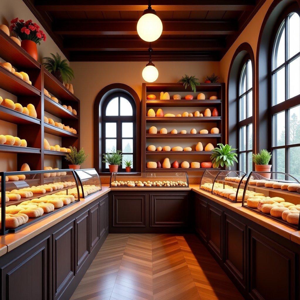 Interior of a traditional marzipan shop in Lubeck, wooden shelves filled with colorful marzipan treats, elegant historical decor, warm ambient lighting, high quality realistic photography, 4:3