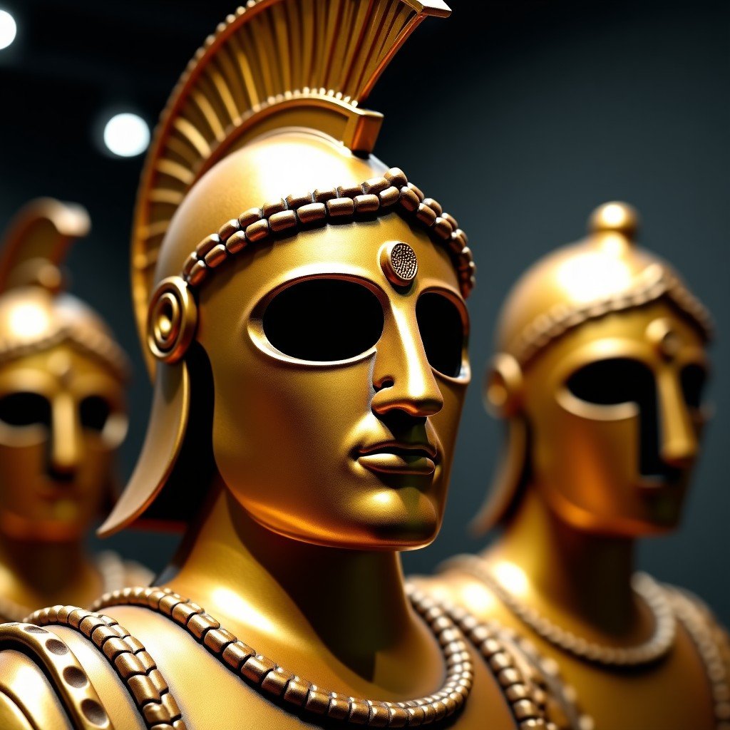 Close up of an ancient Roman cavalry helmet with ornate facial mask, golden bronze material, displayed in a modern museum with soft spotlighting, blurred background of other artifacts, 4:3