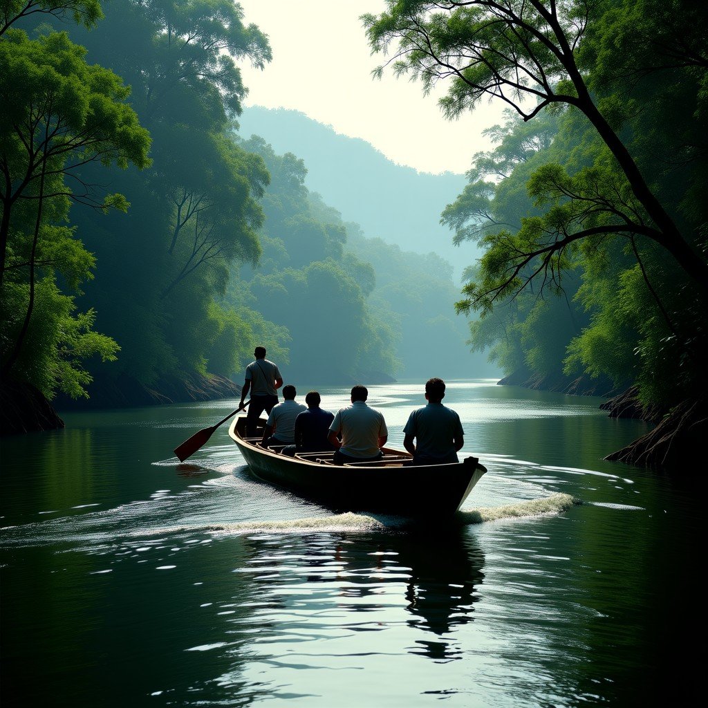 A long wooden motorized boat carrying researchers down the river in Manu National Park, surrounded by deep green jungle, realistic photography, 4:3.