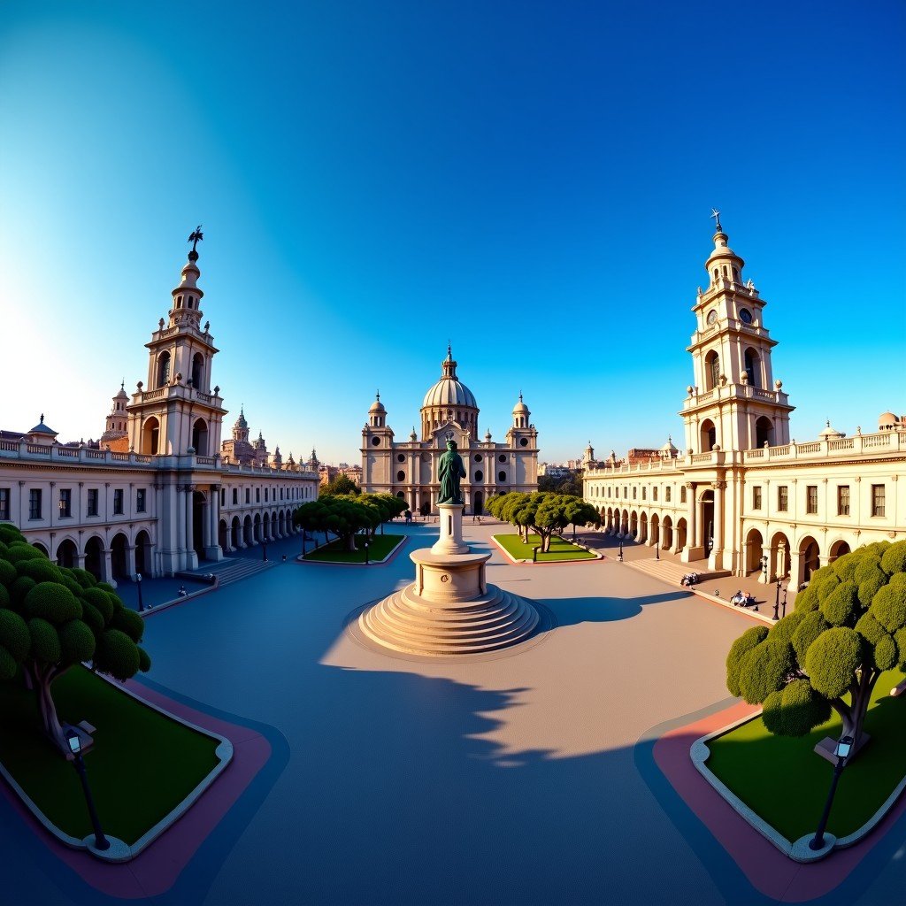 A wide-angle panoramic view of the Zocalo square in Mexico City, featuring the National Palace and the Metropolitan Cathedral under a clear blue sky. The scene is captured in high-detail architectural photography style with warm daylight. 4:3