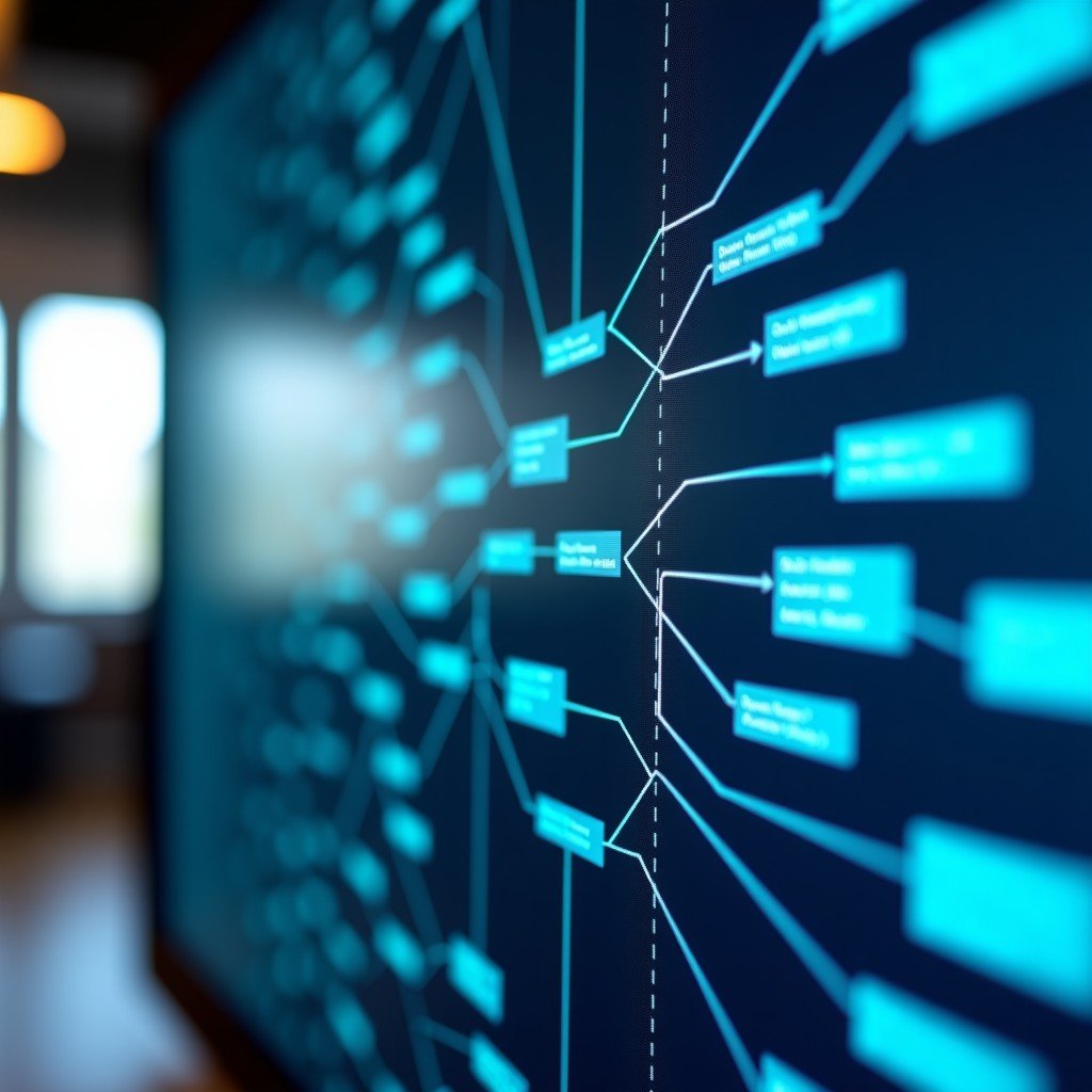 Close up of a computer screen showing complex logic trees and data analysis, professional tech office, clean modern aesthetic, shallow depth of field, realistic, 4:3.